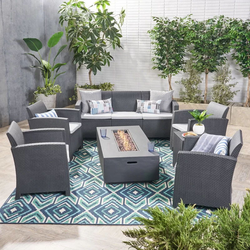 Outdoor Faux Wicker Rattan Style Chat Set With Water Resistant Cushions, 5 Pieces Set - Charcoal / Light Gray