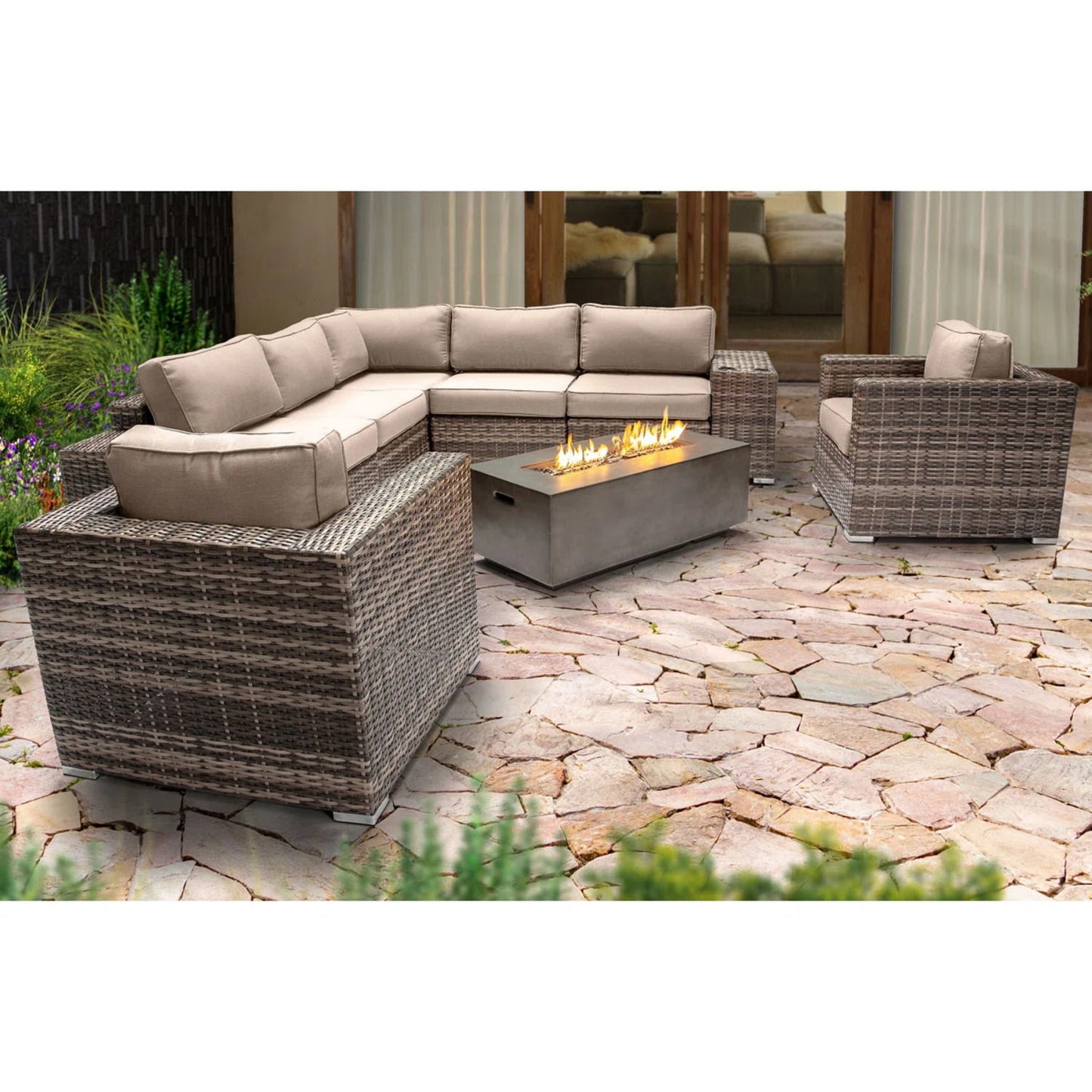 Rattan Wicker Patio Set With Cushions And Concrete Fire Pit