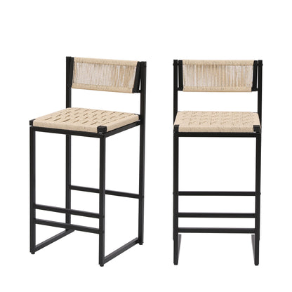 Style B, Woven Bar Stools With Backrest, Paper Rope Weave Dining Chairs For Kitchen Island - Creamy White