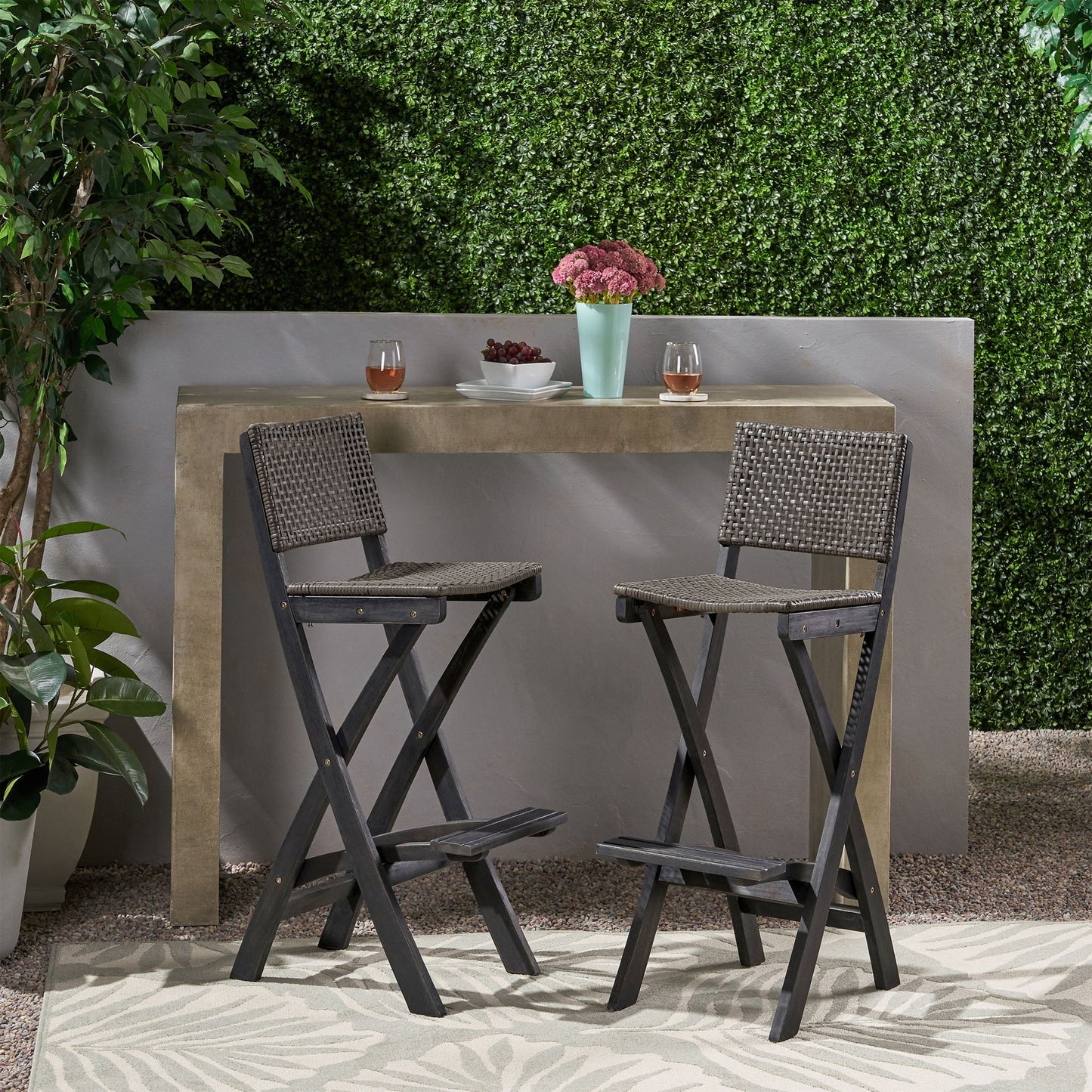 Outdoor Folding Acacia Wood Barstools With Rattan Backrest And Seat