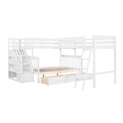 Solid L Shaped Bunk Bed With 3 Drawers, Ladder And Staircase