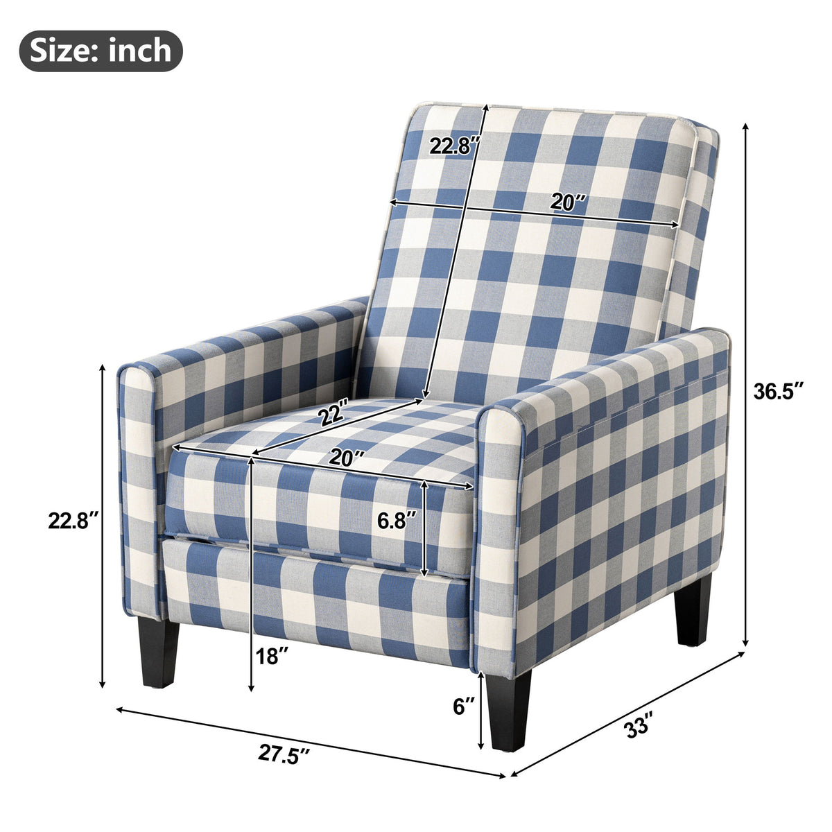 Buffalo Plaid Push Back Recliner Chair For Living Room - Blue / White