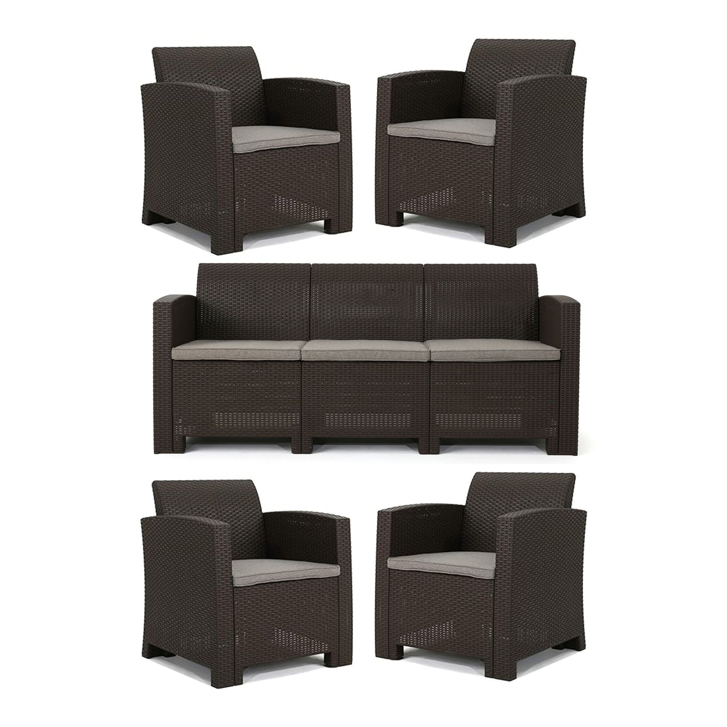 Outdoor Faux Wicker Rattan Style Chat Set With Water Resistant Cushions, 5 Pieces Set - Brown / Mix Beige