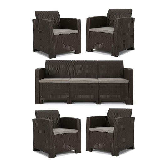 Outdoor Faux Wicker Rattan Style Chat Set With Water Resistant Cushions, 5 Pieces Set - Brown / Mix Beige