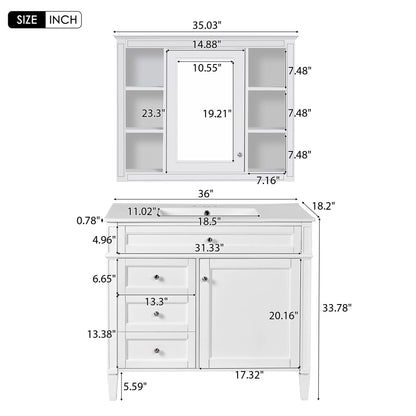 Bathroom Vanity With Mirror Cabinet, Single Sink With 2 Soft Closing Doors And 4 Drawers