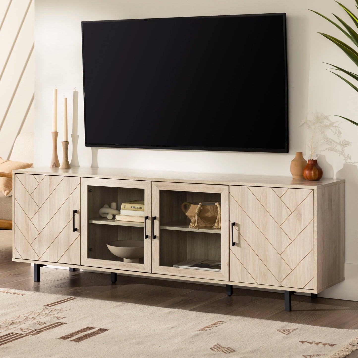 Modern Scandinavian 4 Door Herringbone 70" TV Stand For TVs Up To 80"