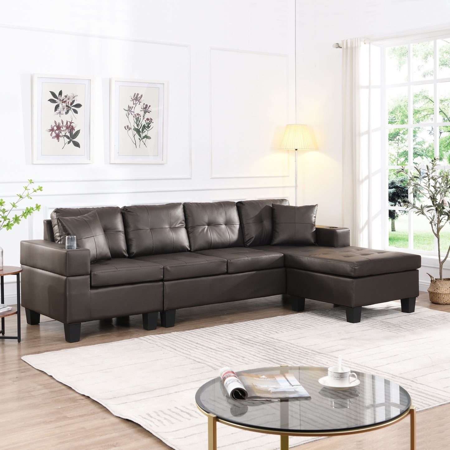 Modern Sectional Sofa Set With Chaise Lounge And Cup Holder