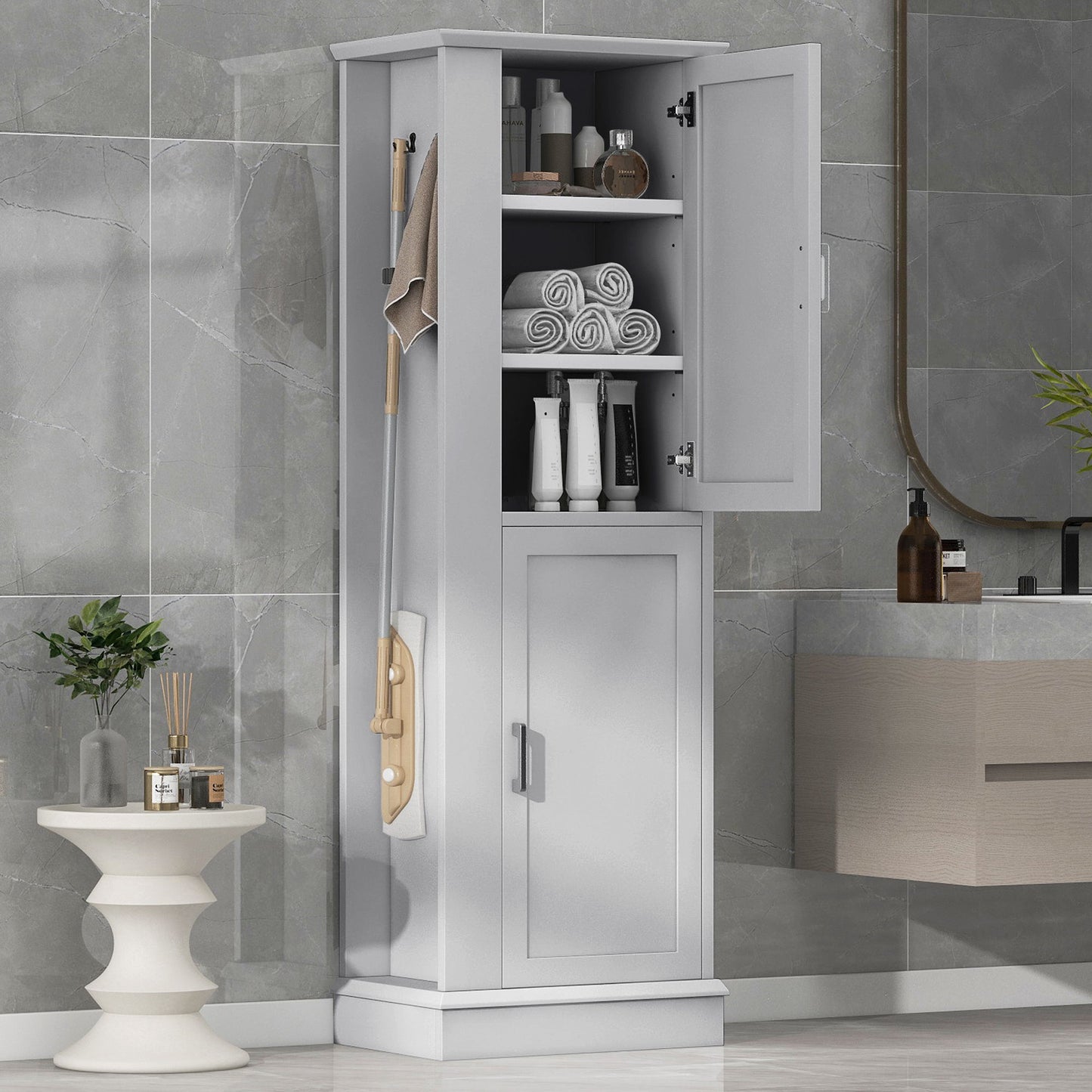 Tall Freestanding Bathroom Storage Cabinet With Adjustable Shelves And Side Hooks