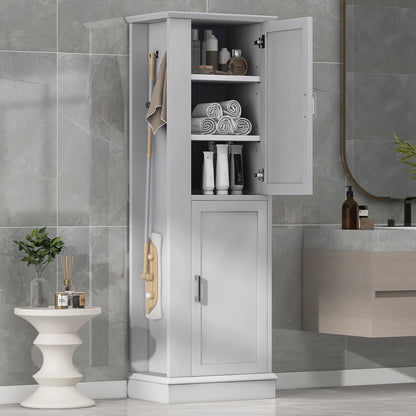 Tall Freestanding Bathroom Storage Cabinet With Adjustable Shelves And Side Hooks
