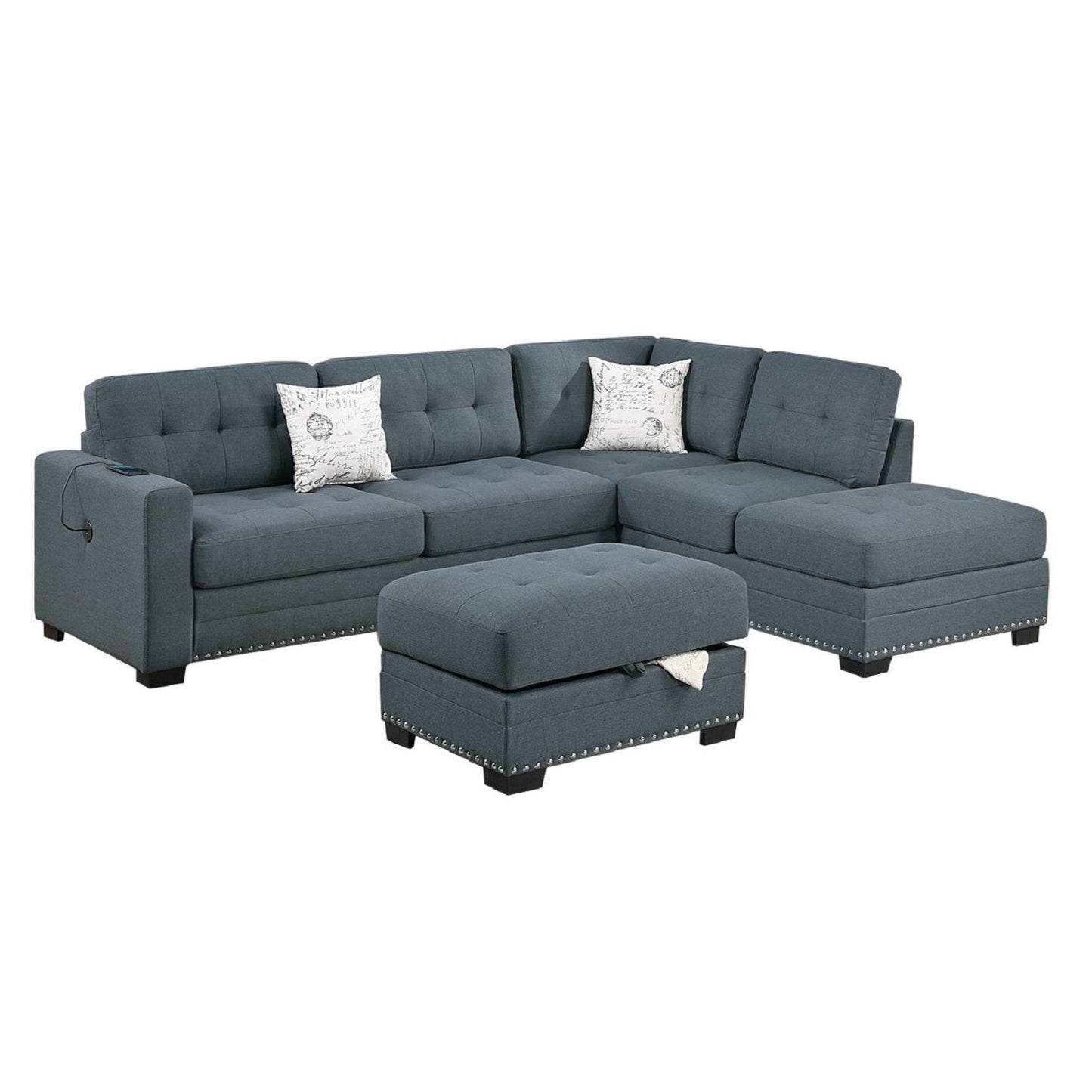 L - Shaped Sectional Sofa Set With Storage Ottoman, Tufted Upholstery Nailhead Trim