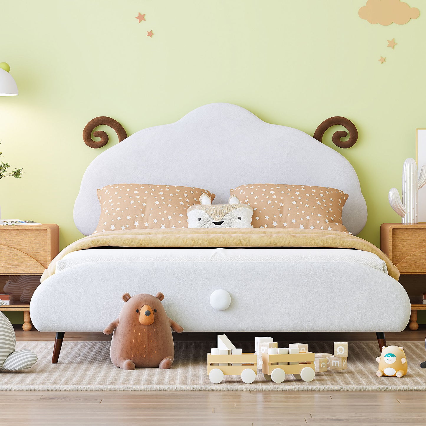 Upholstered Platform Bed With Sheep Shaped Headboard