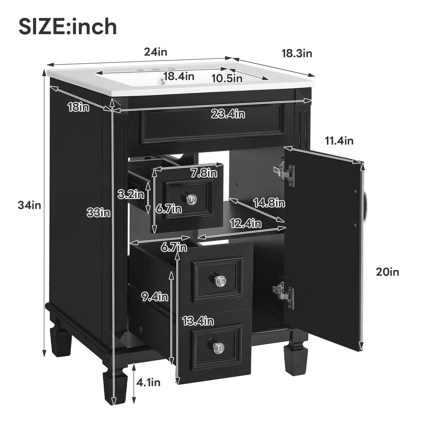 Bathroom Vanity With Sink, Compact Cabinet & 2 Drawers And Adjustable Shelf
