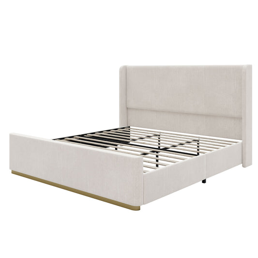 King Size Luxurious Corduroy Upholstered Bed Frame With Vertical Stripe Wingback Headboard And High Footboard - Light Gray