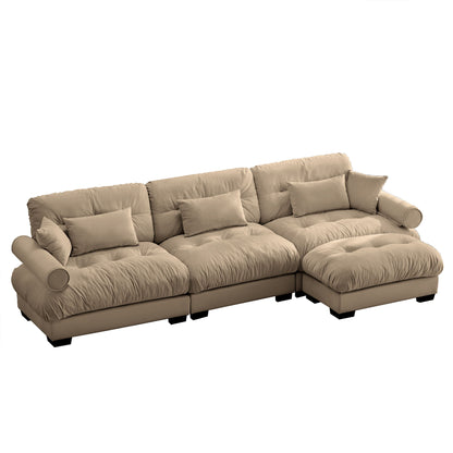 Modern Sectional Sofa With Ottoman, Round Bolster Armrests, Waist And Throw Pillows