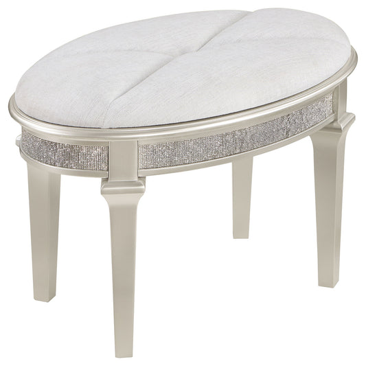 Colwood - Upholstered Oval Vanity Stool With Glitter Trim Seat - Silver Gray