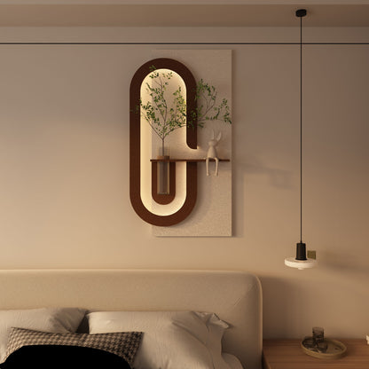 Adjustable LED Sandstone Wall Decor With Simulated Plants 3D Art Sculpture, Glass Vase & Rabbit Statue, Remote Control - Light Coffee