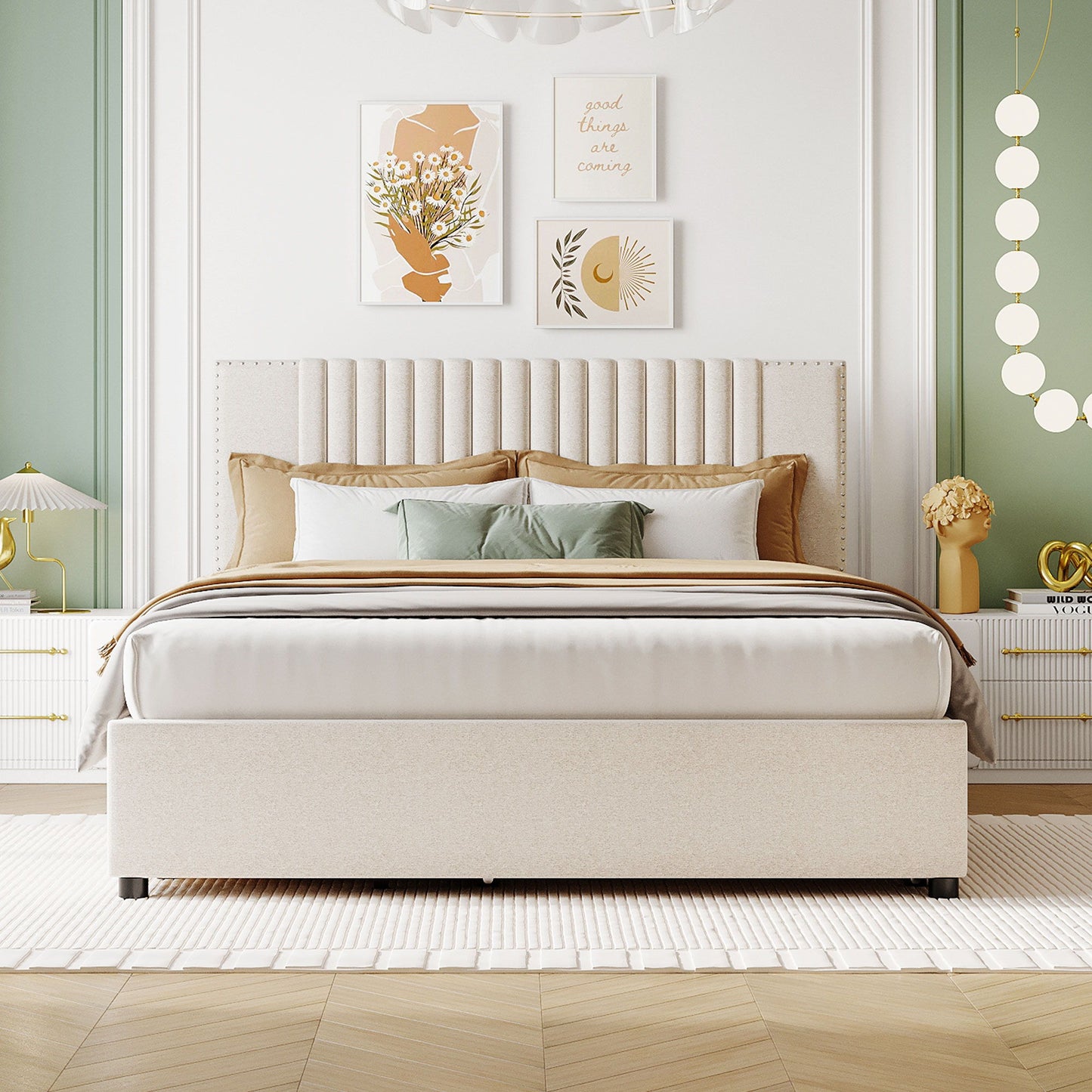 Upholstered Platform Bed With Drawers, Classic Headboard Design