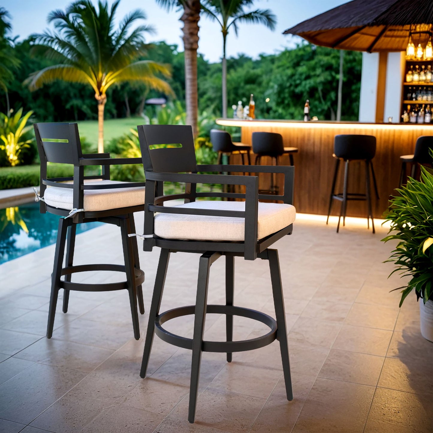 Outdoor Swivel Bar Chairs, 360 Degree Rotation, Ergonomic Backrest (Set of 2)
