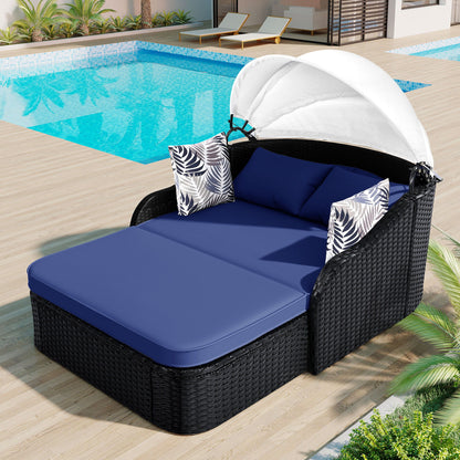 Outdoor Sunbed With Adjustable Canopy, Daybed With Pillows, Double Lounge, PE Rattan Daybed