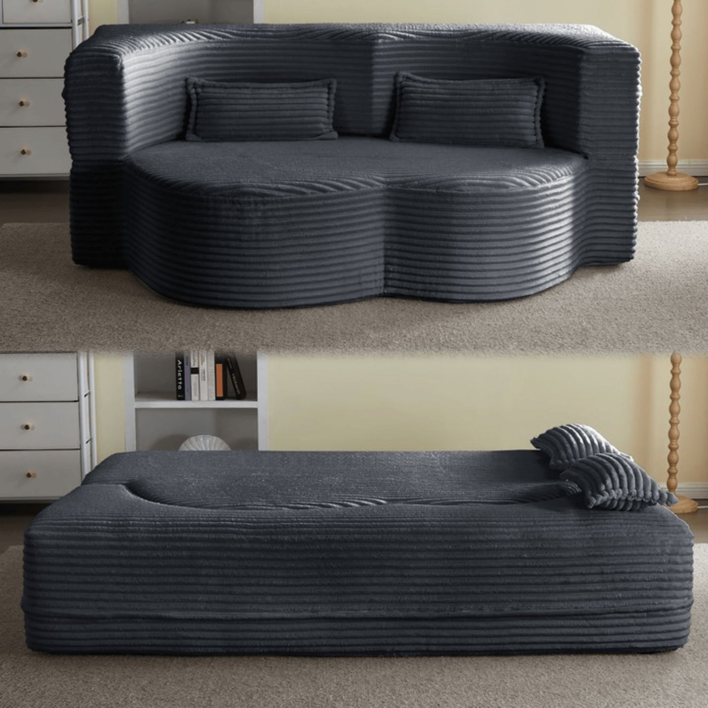 Floor Convertible Sleeper Sofa Bed With 2 Pillows