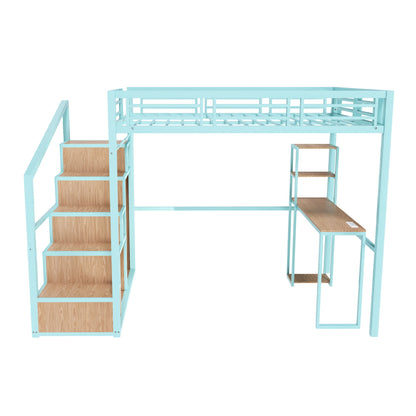 Heavy Metal Frame Full Loft Bed With Desk & Storage, 4 Cabinets, Staircase, Rack Space Saver - Green
