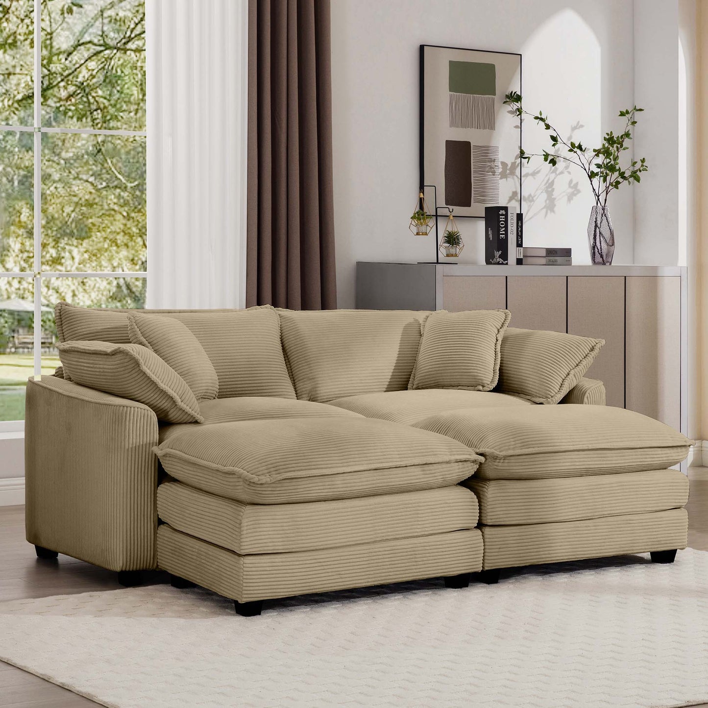 Modern Oversized Modular Cushion Sofa With Ottoman, Low Back, Deep Seating Sofa Set