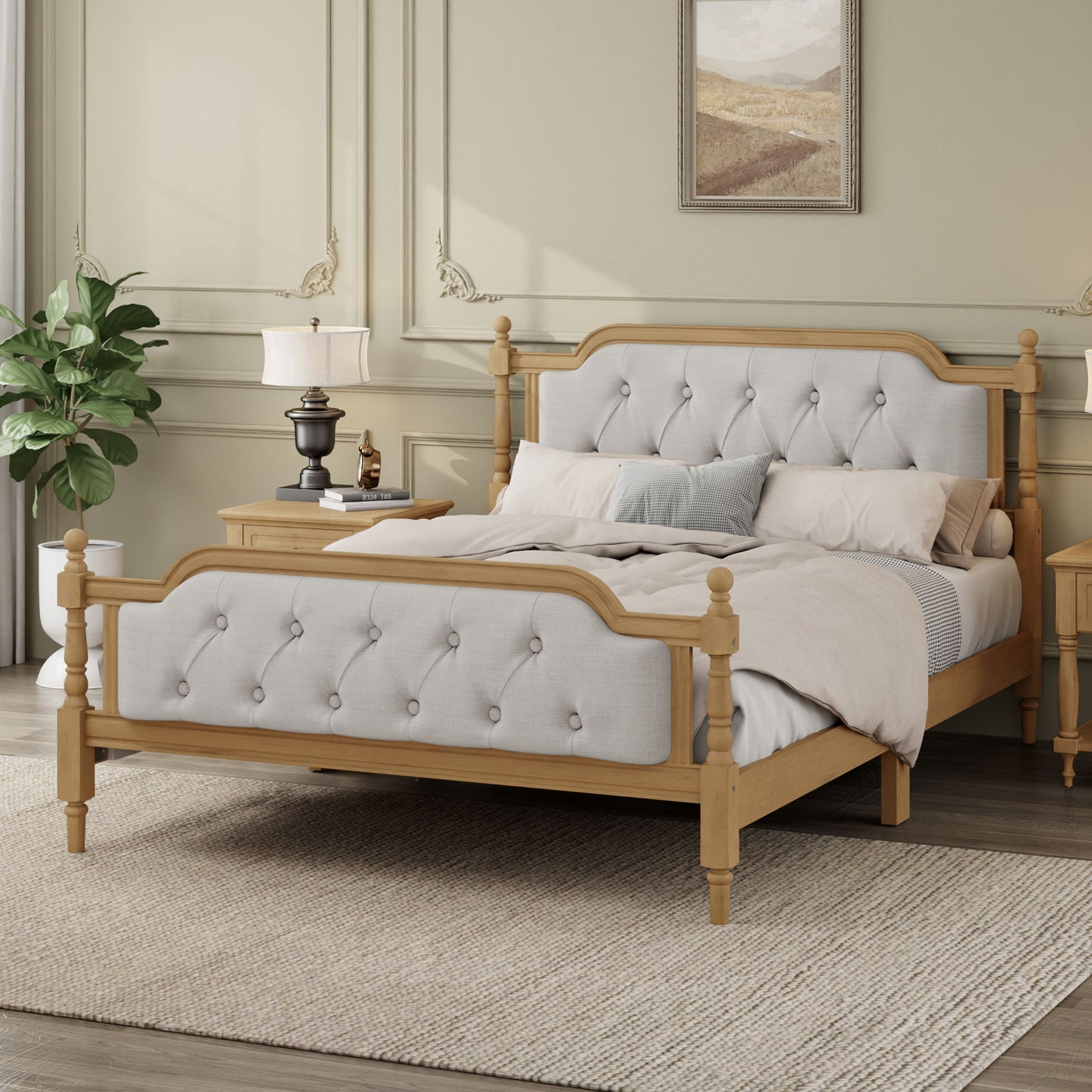 Traditional Style Solid Bed Frame With Upholstered Tufted Headboard, No Box Spring Needed