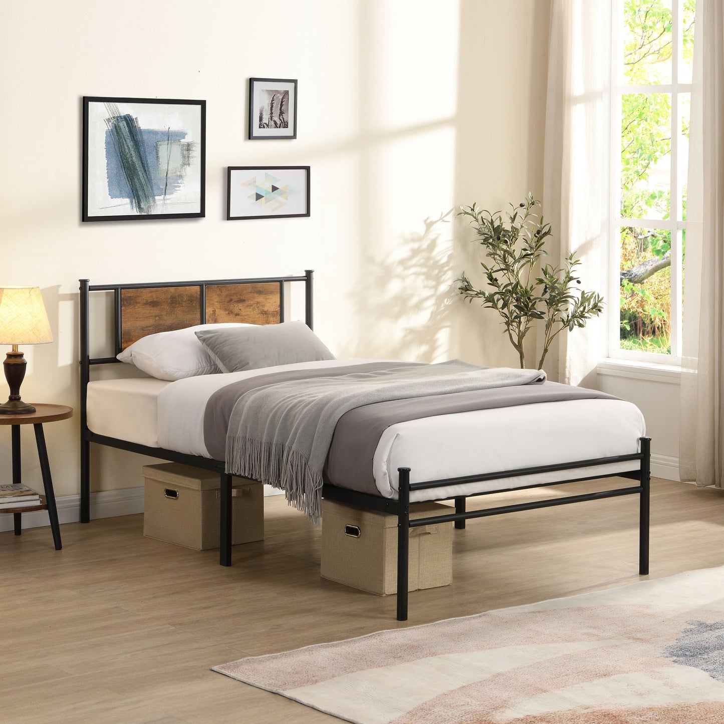 Modern Metal Bedframe With Headboard, Durable Steel Structure