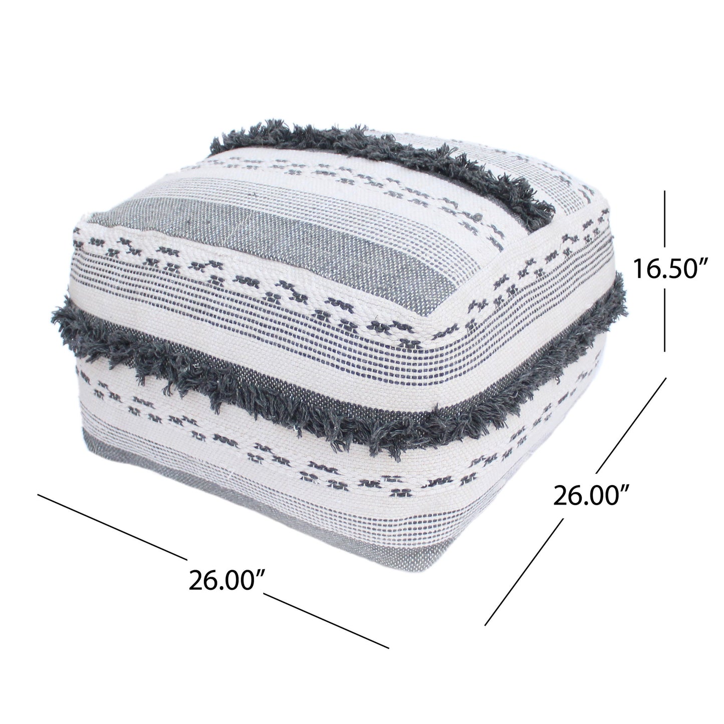 Karim - Faux Yarn Large Pouf, Durable - Ivory / Gray