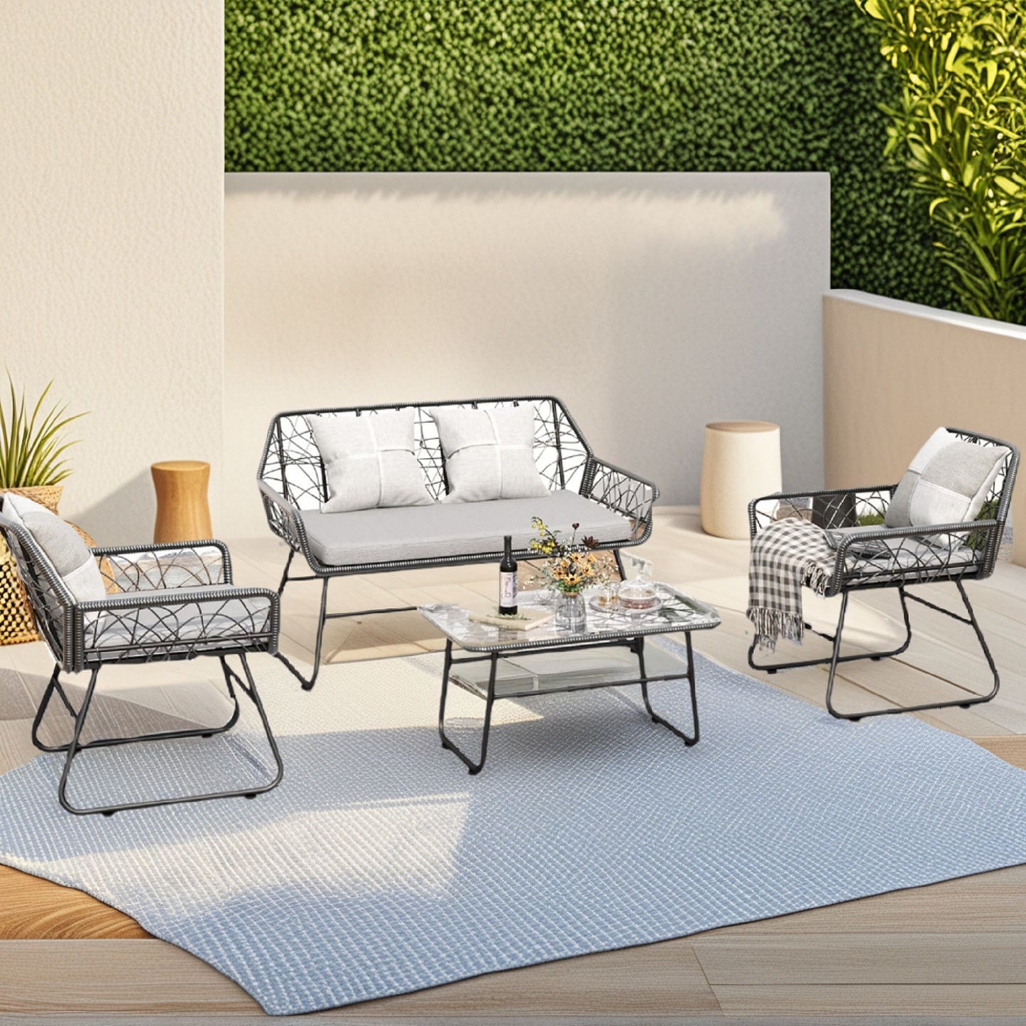 4 Piece Wicker Patio Furniture Set With Tempered Glass Table And Detachable Cushions