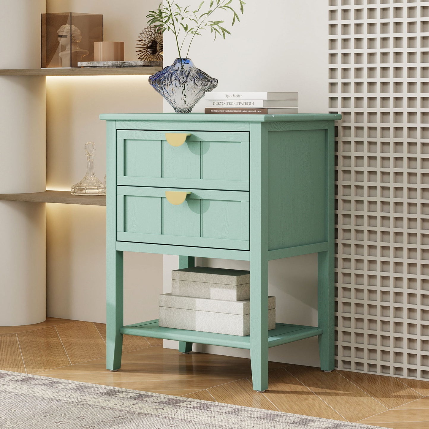 2 Drawer Side Table, American Style, End Table, Suitable For Bedroom, Living Room, Study