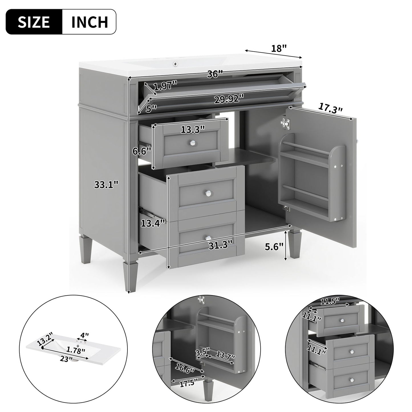 Bathroom Vanity With Top Sink, 2 Drawers And Tip Out Drawer, Rectangular Design