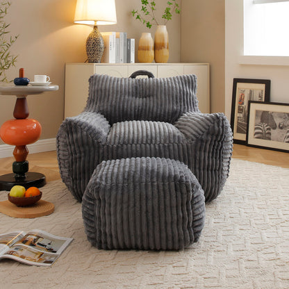 Giant Plush Bean Bag Chair With Armrests And Footstool