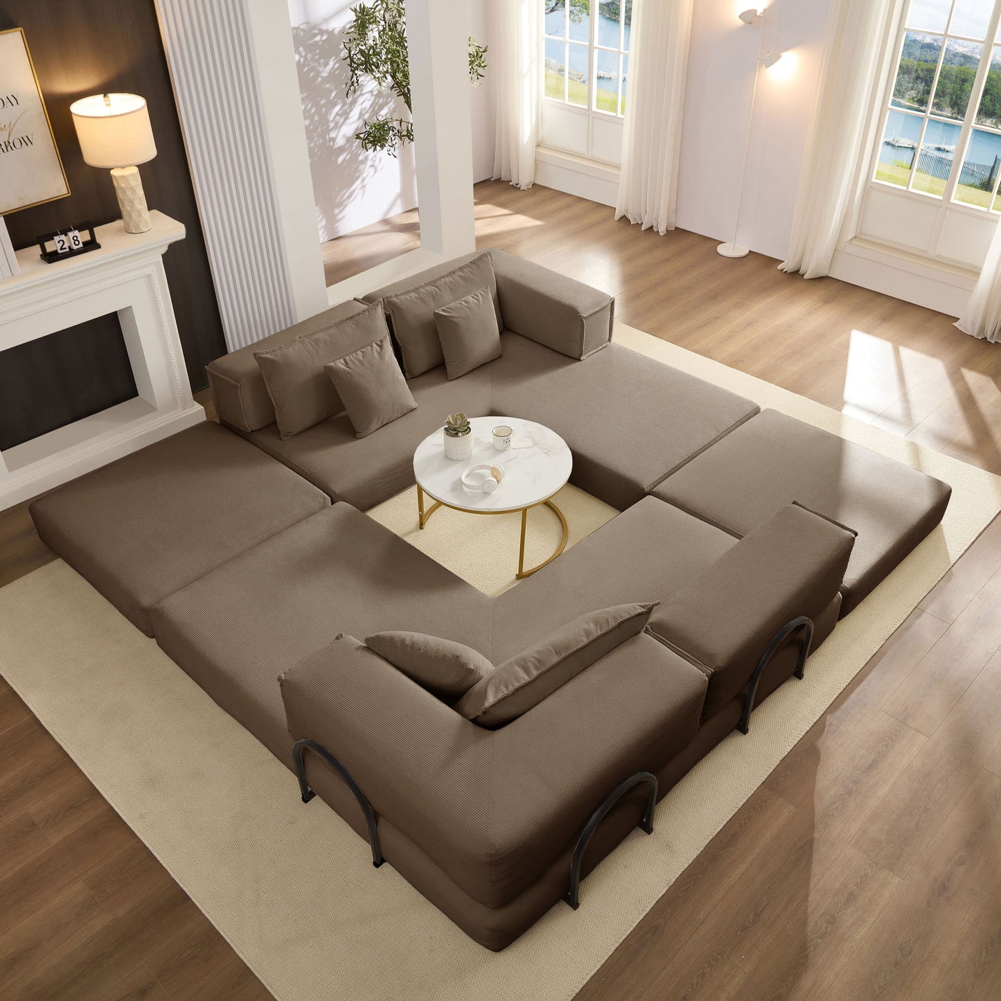 Modular L Shaped Floor Living Room Sofa Set With 6 Pillows