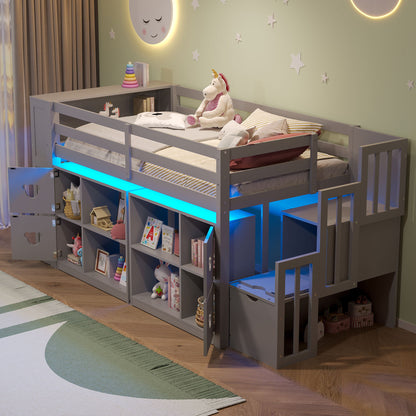 Loft Bed With Storage Cabinets, Staircase Drawers & LED Lights