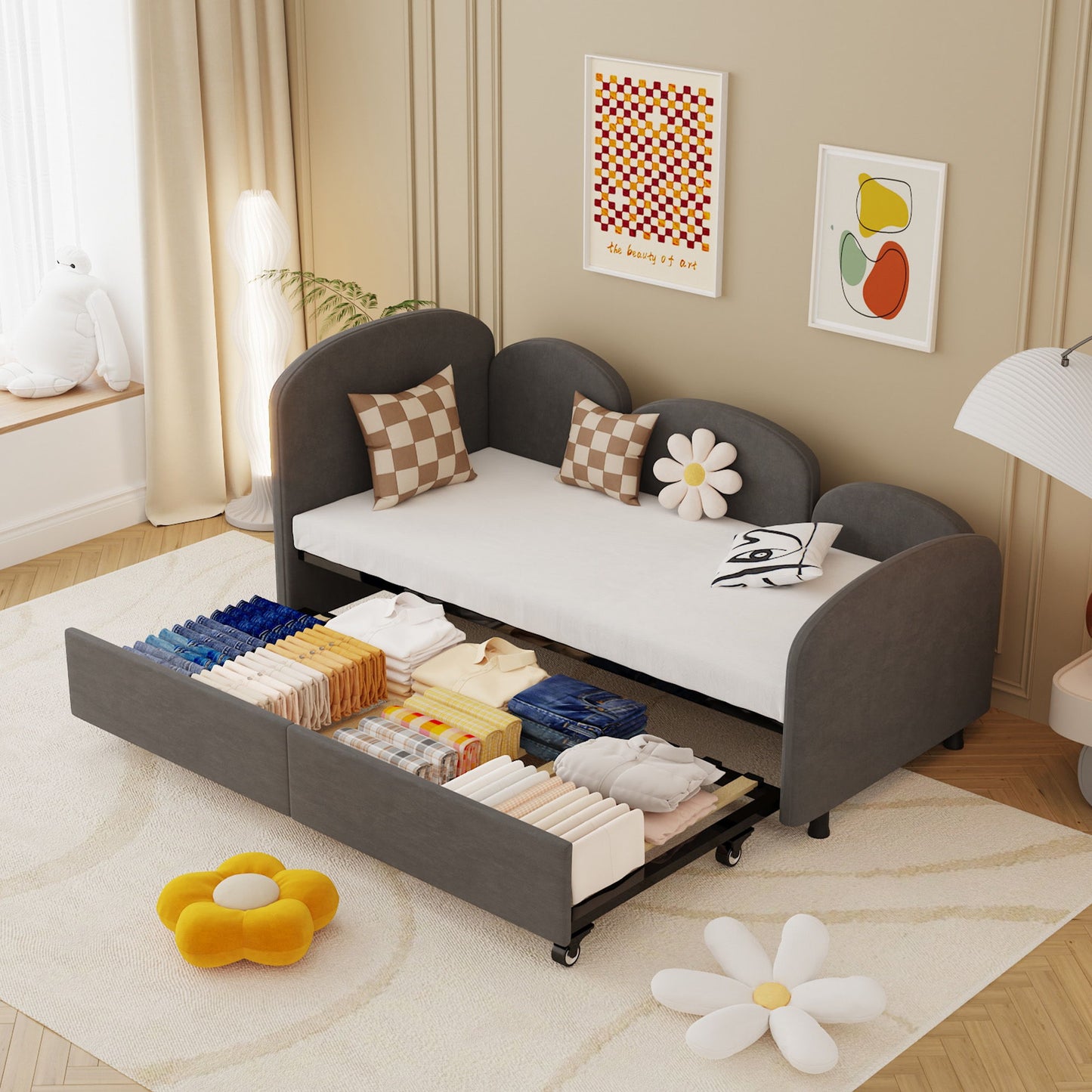 Modern Velvet Upholstered Daybed With Additional Bed Frame