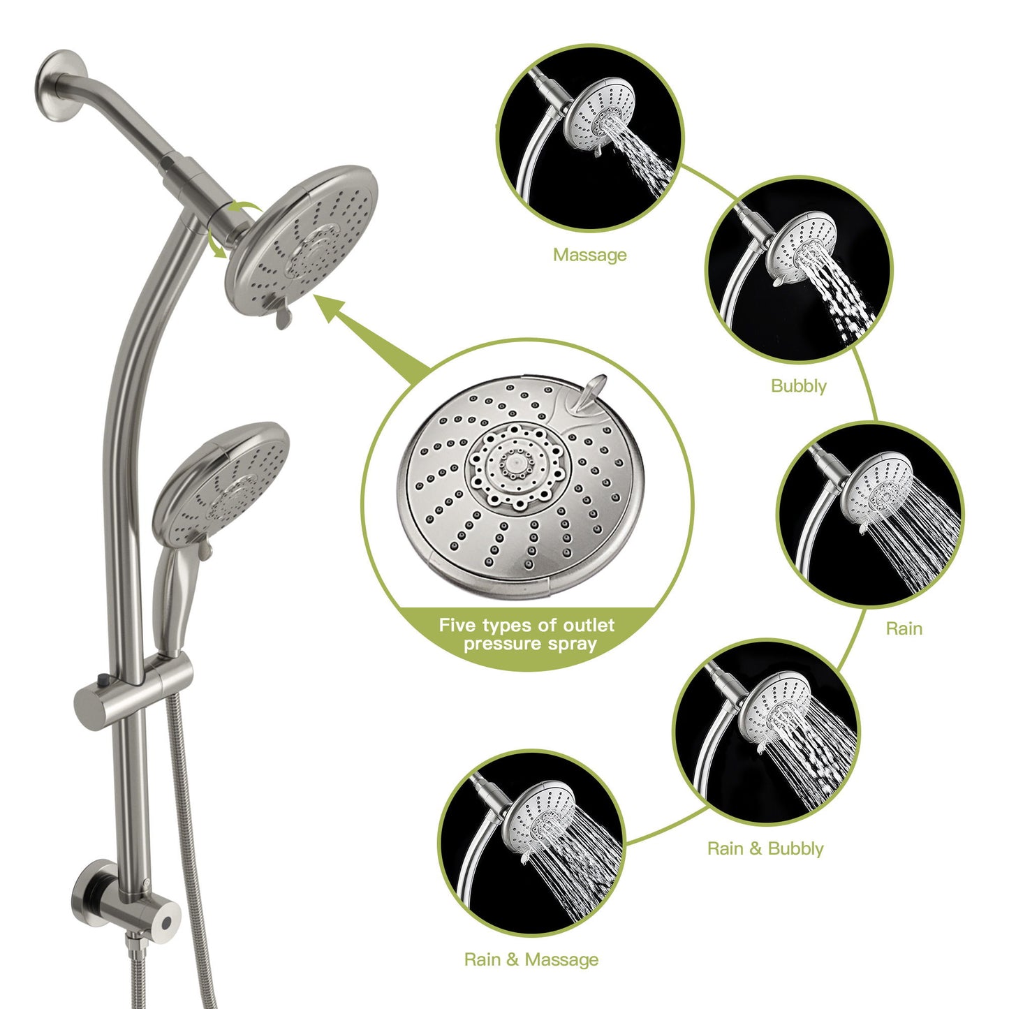 Dual Shower Head With Adjustable Slide Bar And Multi Function Settings