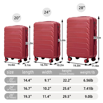 3 Pieces Set 20" / 24" / 28" Spinner Wheel Luggage With Combination Lock