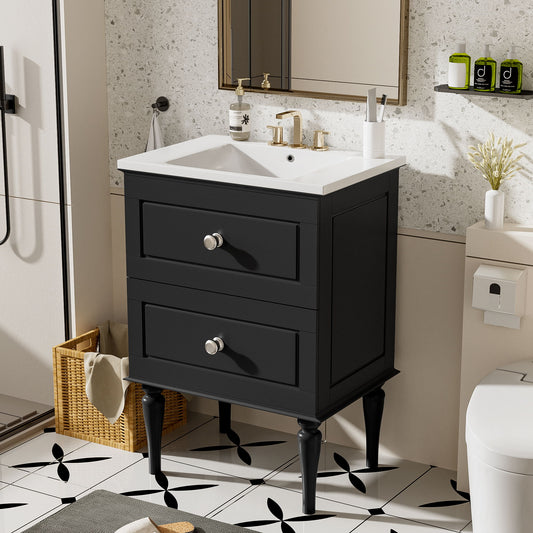 Bathroom Vanity Cabinet With Ceramic Sink Combo Set, Frame Modern Bathroom Storage Cabinet With 2 Drawers - Black