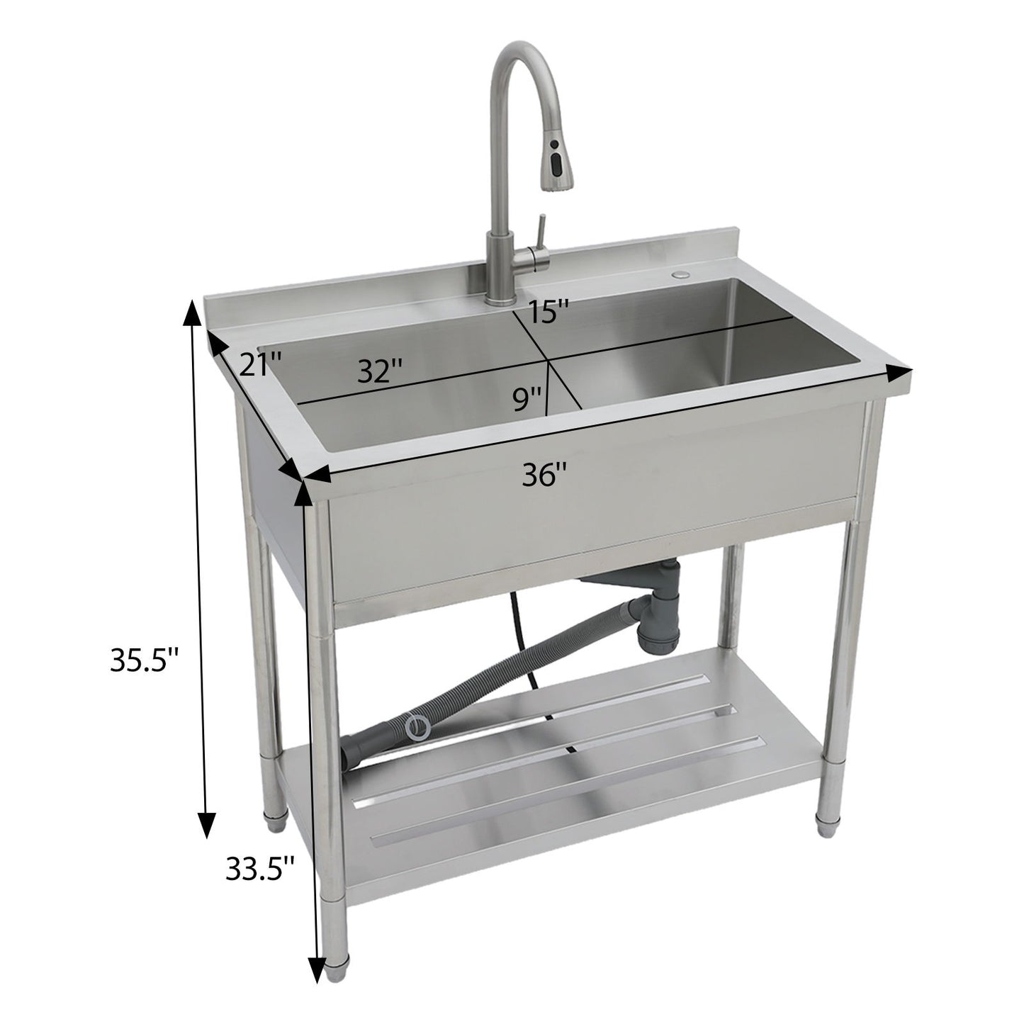 Stainless Steel Freestanding Utility Sink With Pull Out Faucet, Large Single Bowl - Brushed Nickel