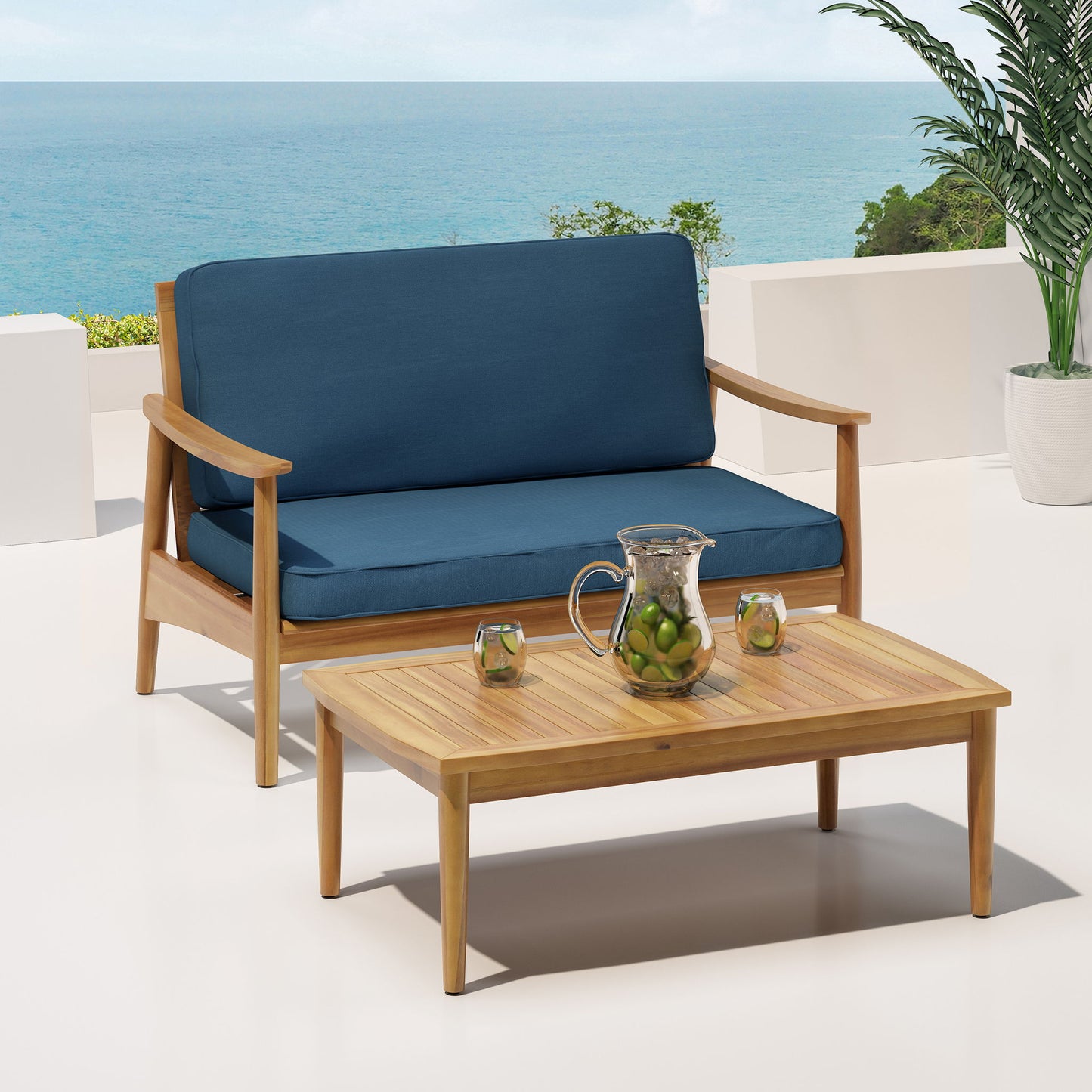Outdoor Acacia Wood Loveseat Set With Coffee Table