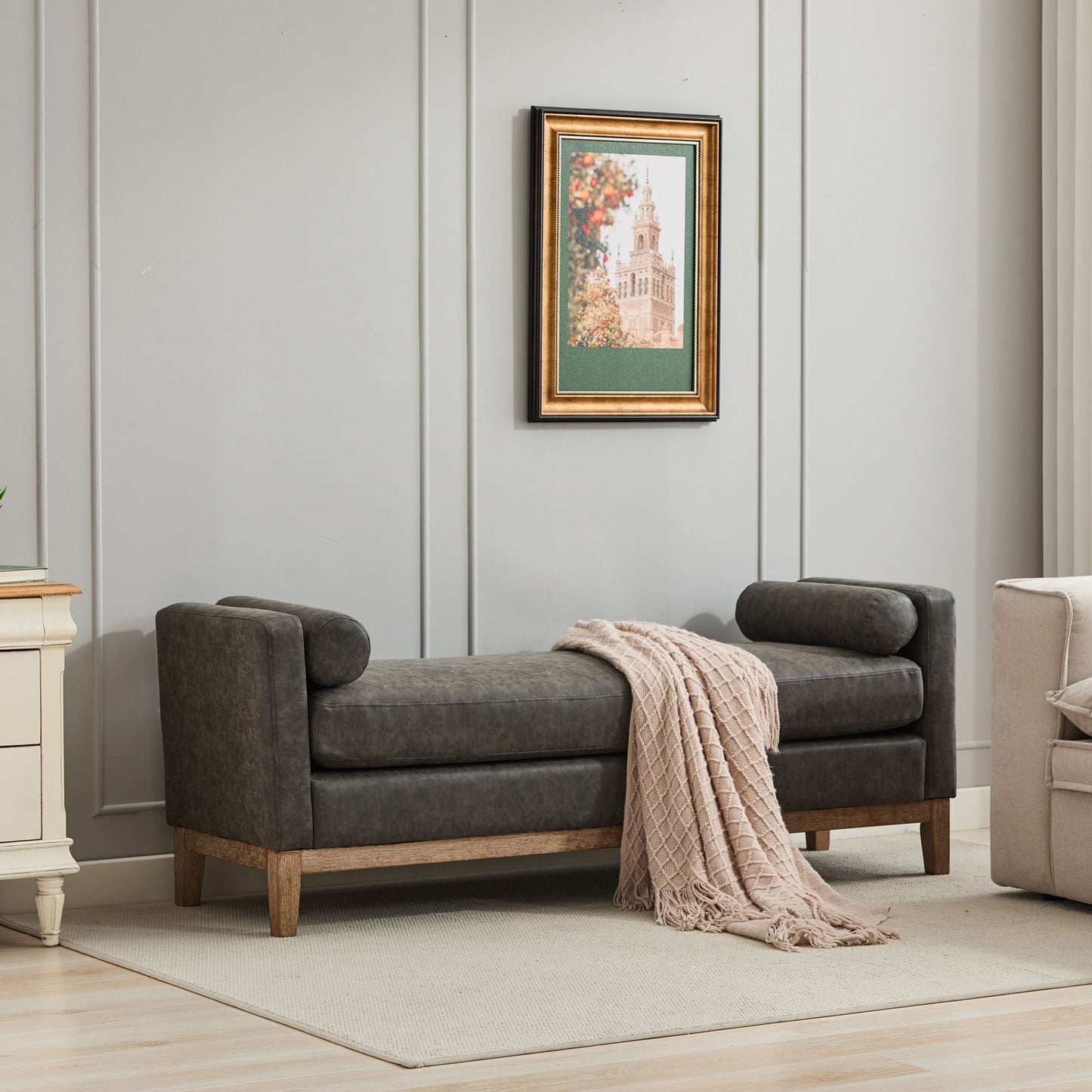 Elegant Upholstered Bench Daybed Ottoman With Bolster Pillows