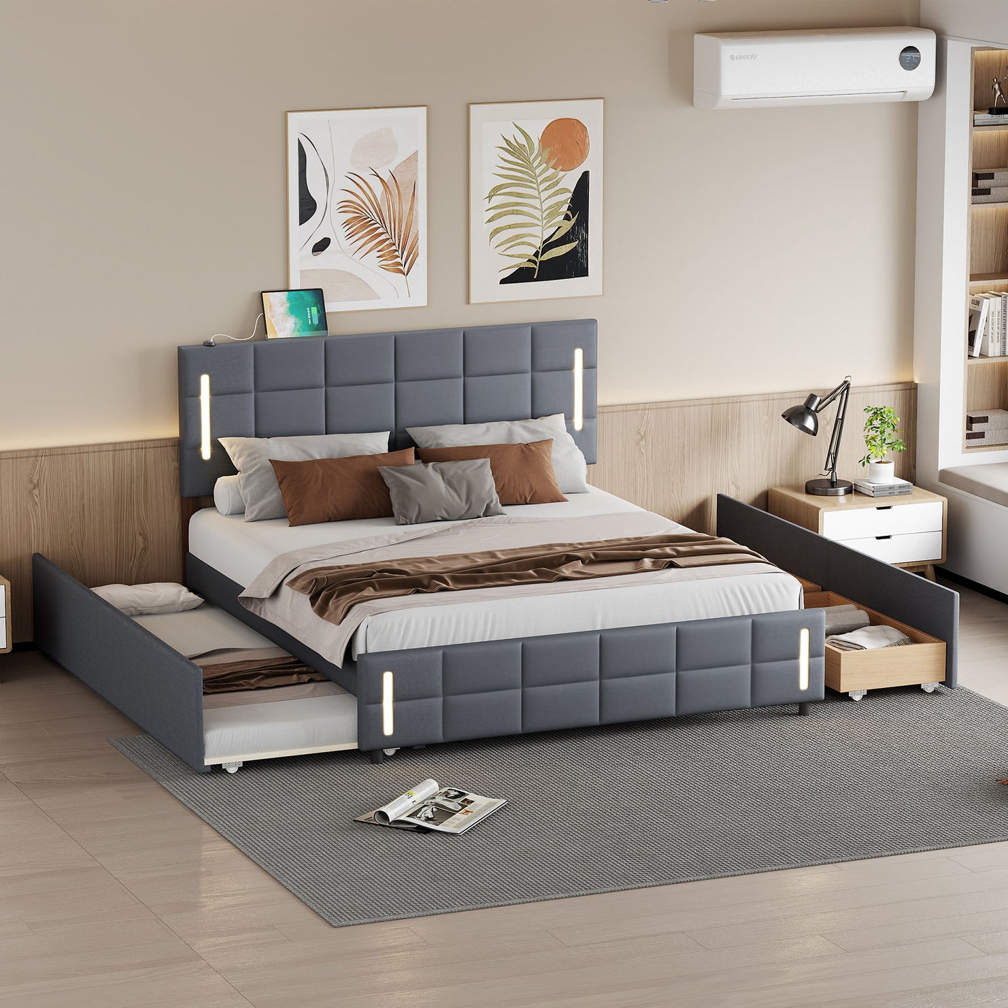 Upholstered Platform Bed With Trundle & Drawers