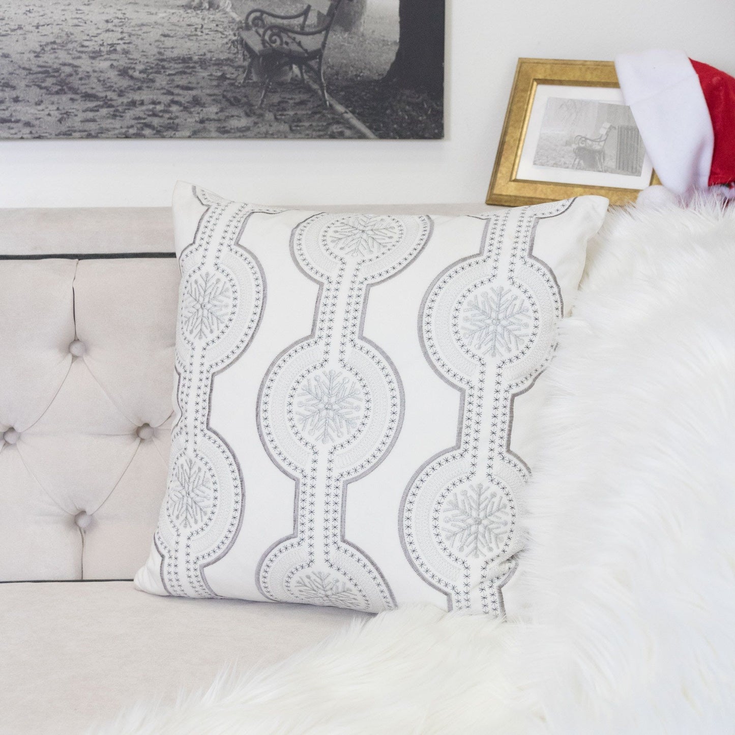 Holiday Throw Pillow With Snowflake Embroidery