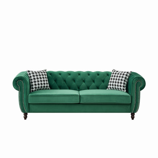 Mid Century Chesterfield Velvet Fabric Sofa With Roll Armrest & Nailhead, Green, 87 Inches