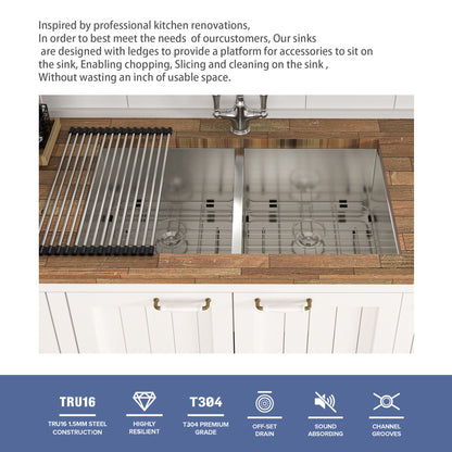 Undermount Double Bowl Kitchen Sink 16 Gauge With 9" Deep Basin - Brushed Nickel