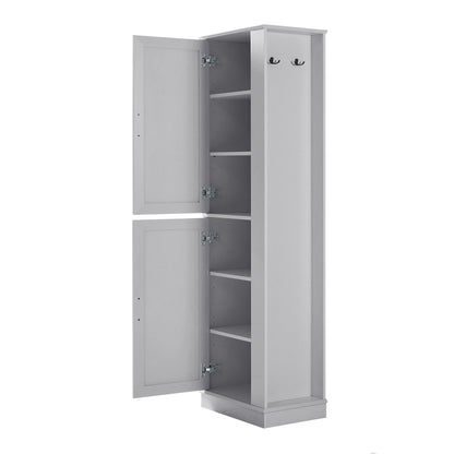 Tall Freestanding Bathroom Storage Cabinet With Adjustable Shelves And Side Hooks