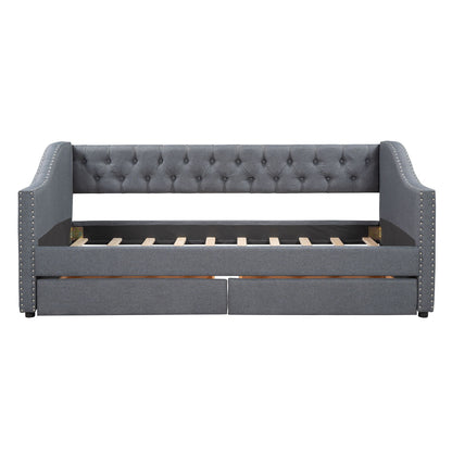Twin Size Upholstered Daybed With Two Drawers, Slat Support - Gray