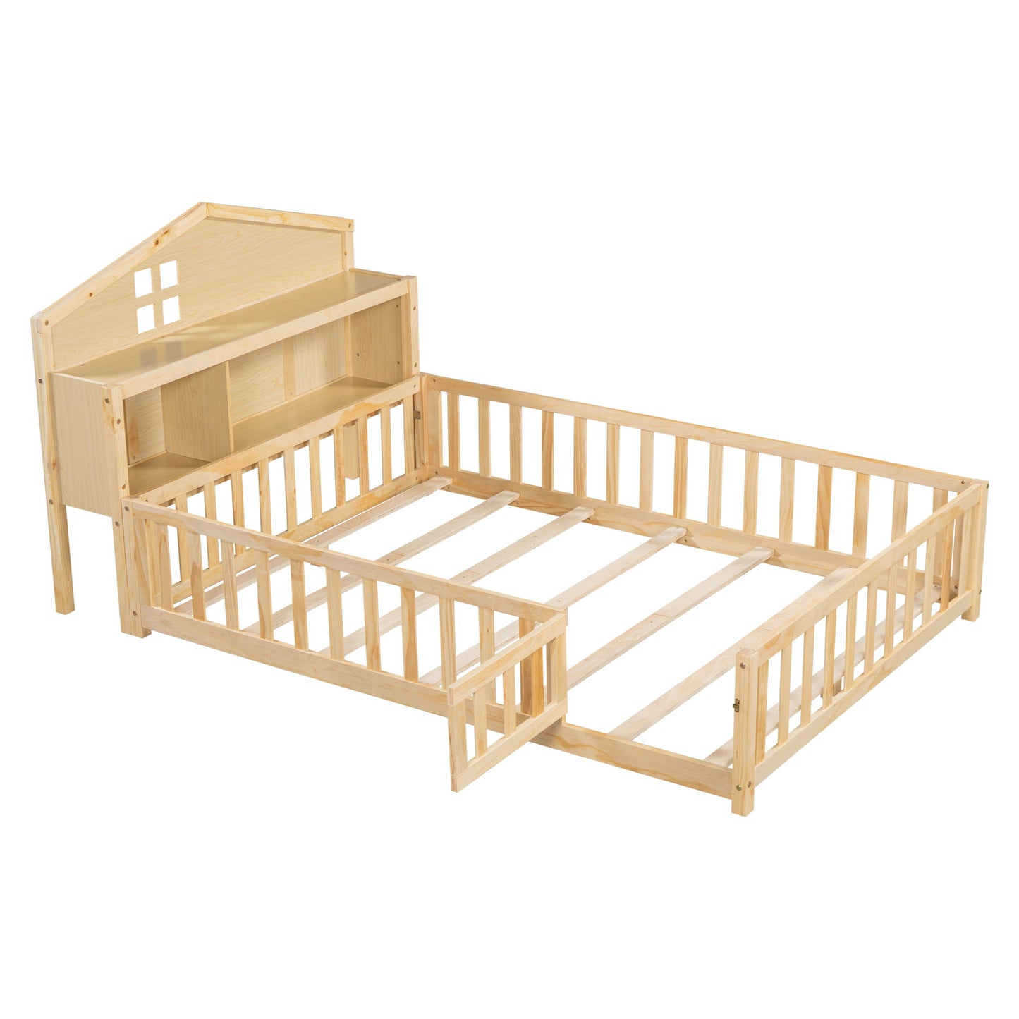 Full Size Montessori Floor Bed With Bookcases And boards, Solid Wood Platform Bed With Guard Rails And Storage Headboards - Natural