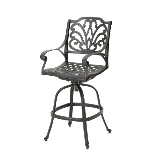 Outdoor Cast Aluminum Swivel Bar Stool With Scrolled Arms - Bronze